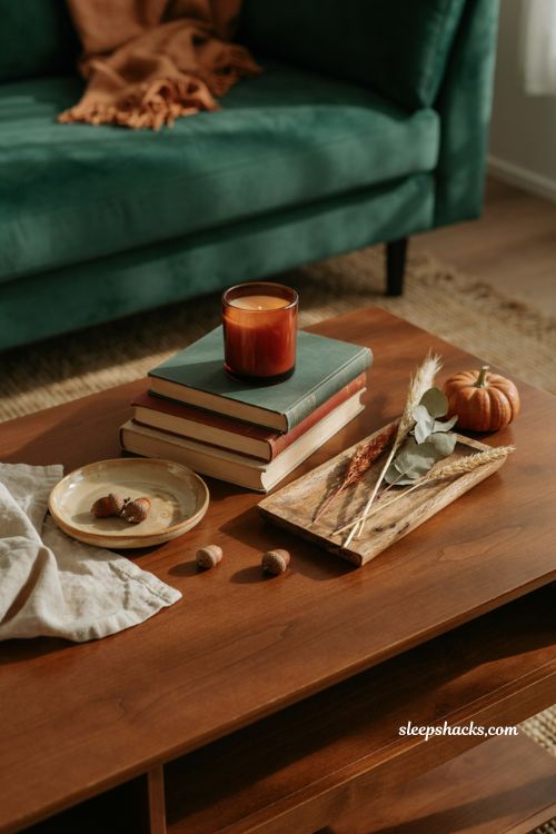 Fall coffee table decor with stacked earthy tone books candle mini pumpkin and cozy seasonal accents 