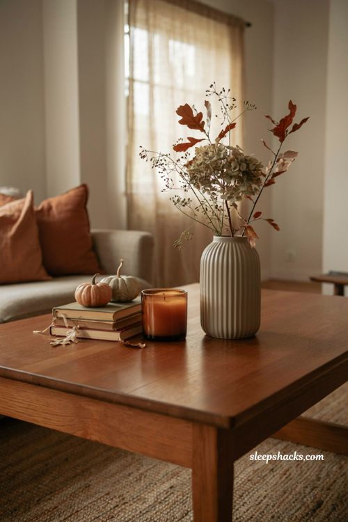Fall coffee table decor with tall oak leaf stems and rust floral arrangement 