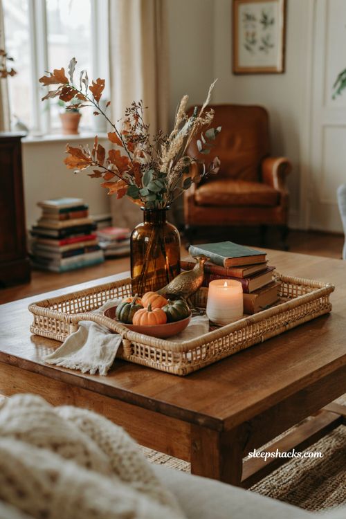 Fall coffee table decor with vintage brass pheasant books pumpkins and dried stems 