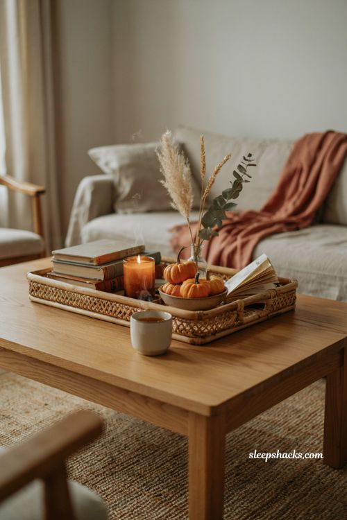 Fall coffee table decor with woven tray pumpkins books and candle 