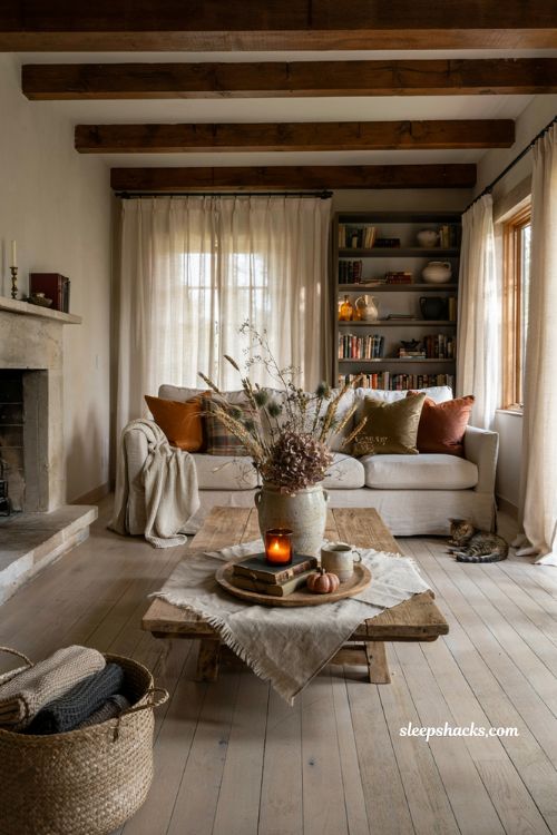 Fall coffee table with dried stems ceramic vase and cozy autumn styling