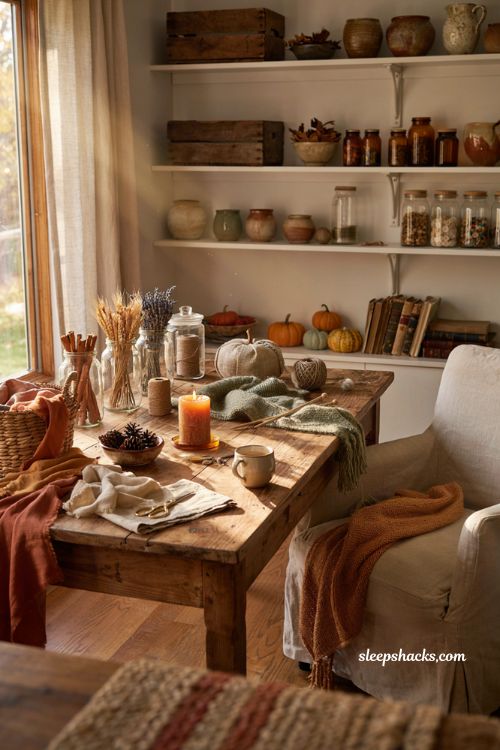 Fall craft ideas with cozy autumn diy workspace and handmade seasonal decor