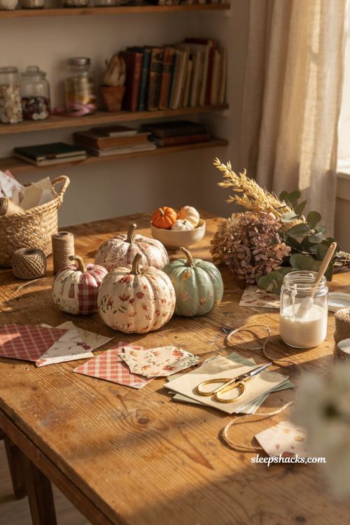 Fall craft ideas with decoupage napkin pumpkins for easy autumn decor