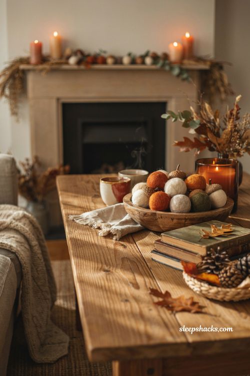 Fall craft ideas with felted wool ball acorns for cozy autumn home decor