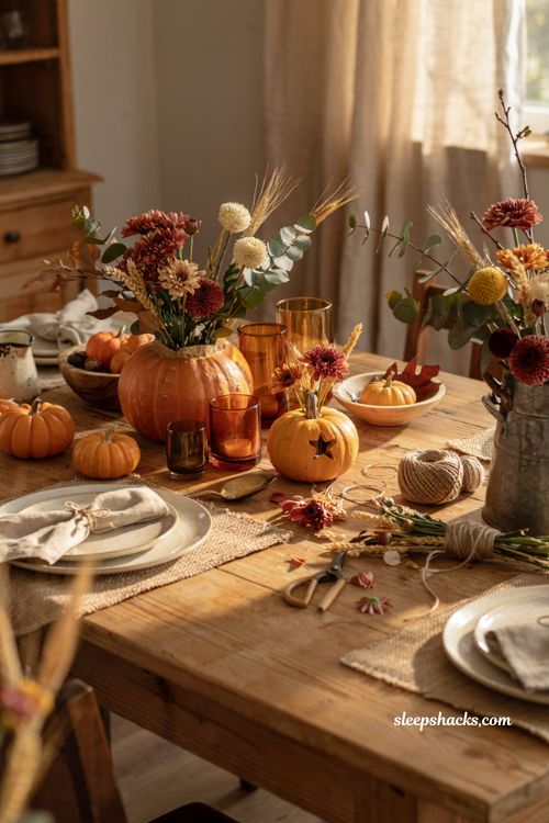 Fall craft ideas with fresh floral pumpkin vase centerpiece for autumn table decor