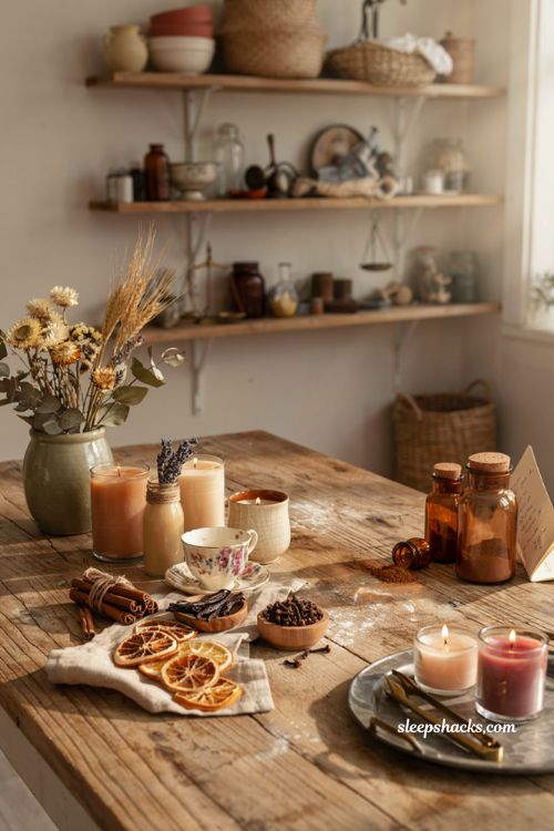 Fall craft ideas with homemade autumn spice soy candles in cozy kitchen decor