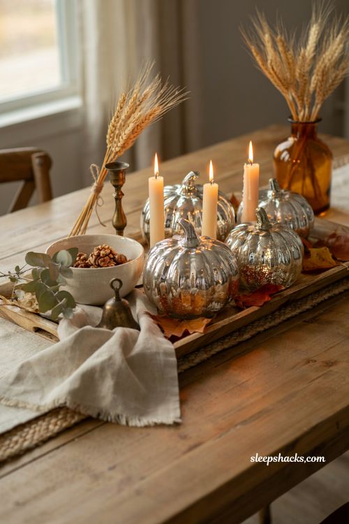 Fall craft ideas with mercury glass pumpkins for elegant autumn centerpiece decor
