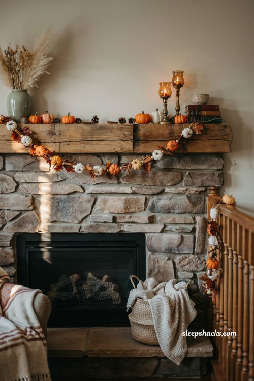 Fall craft ideas with mini pumpkin garland for cozy autumn mantel decor