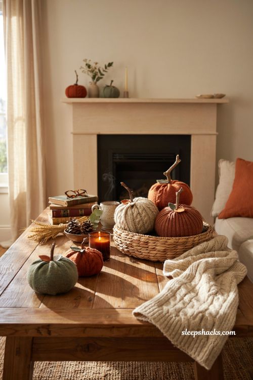 Fall craft ideas with sweater sleeve pumpkins for cozy autumn home decor