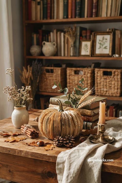 Fall craft ideas with vintage book page pumpkin and cozy autumn decor