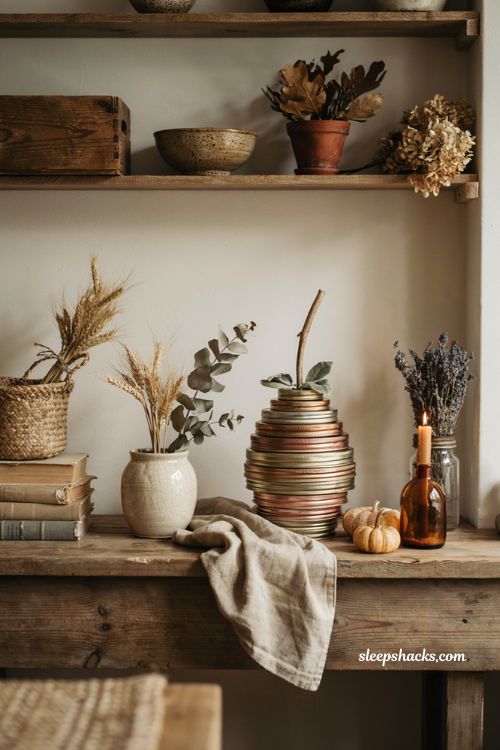 Fall craft ideas with vintage farmhouse pumpkin made from mason jar lids