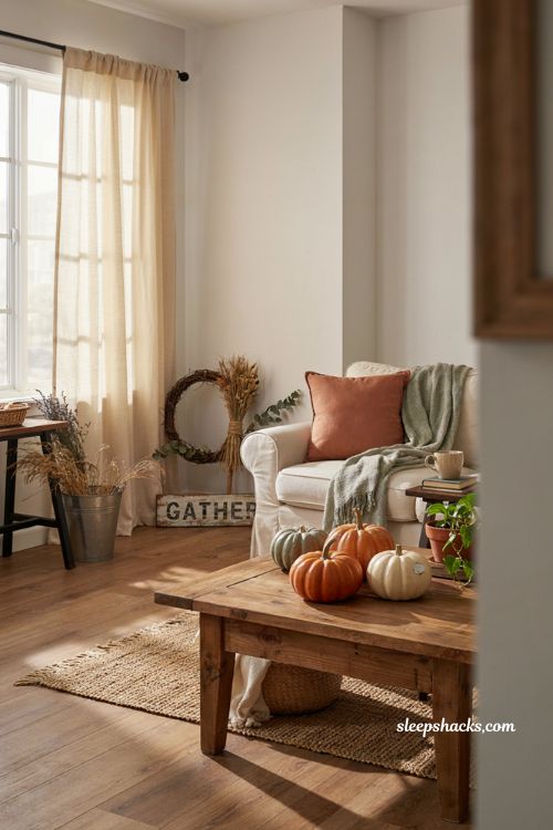 Fall decor Dollar Tree ideas with faux pumpkins rustic wreath dried stems and cozy farmhouse accents 