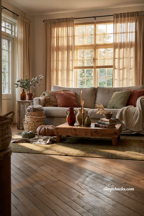 Fall decor on a budget by layering existing baskets vases and cozy farmhouse decor