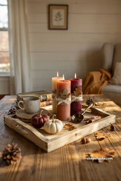 Fall decor on a budget with DIY ribbon wrapped candles and natural autumn accents