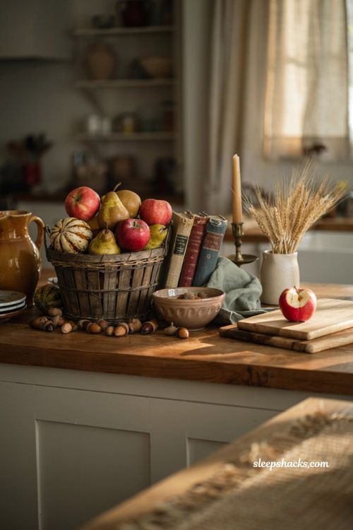 Fall decor on a budget with a thrifted basket filled with seasonal apples pears and gourds
