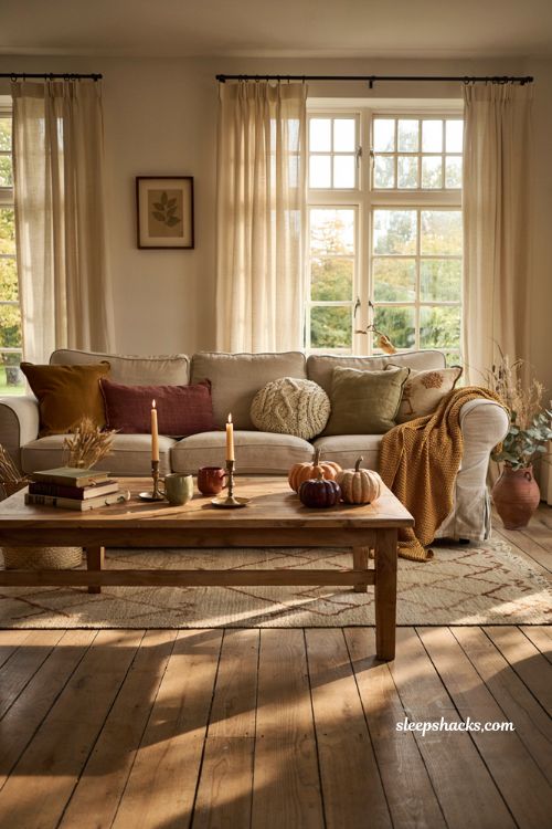 Fall decor on a budget with cozy autumn pillow covers in a farmhouse living room
