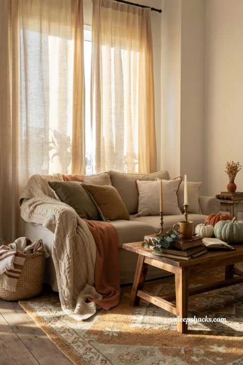 Fall decor on a budget with cozy layered throw blankets in a farmhouse living room