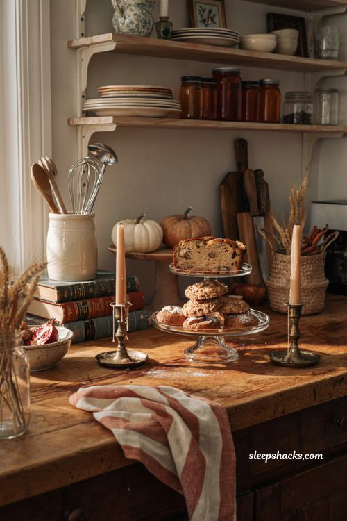 Fall decor on a budget with homemade baked goods on a vintage glass cake stand