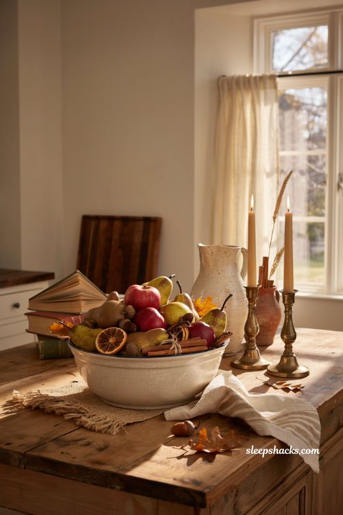 Fall decor on a budget with mixed real and faux fruit in a vintage farmhouse centerpiece