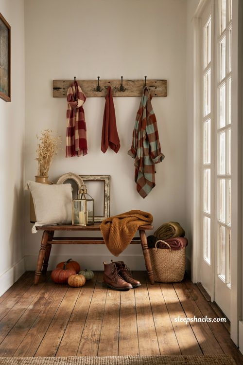 Fall decor on a budget with thrifted plaid scarves and flannel entryway styling