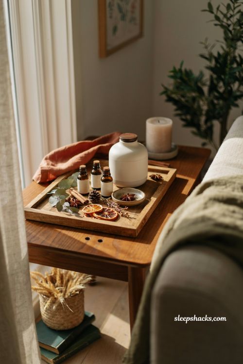 Fall diffuser blends with essential oils dried orange cinnamon sticks pinecones and cozy autumn decor 