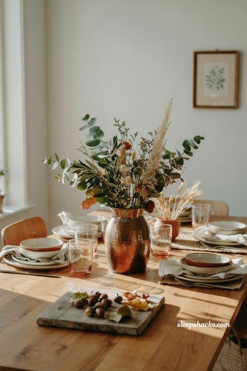 Fall dining table decor with real and faux greenery in vintage copper vase 
