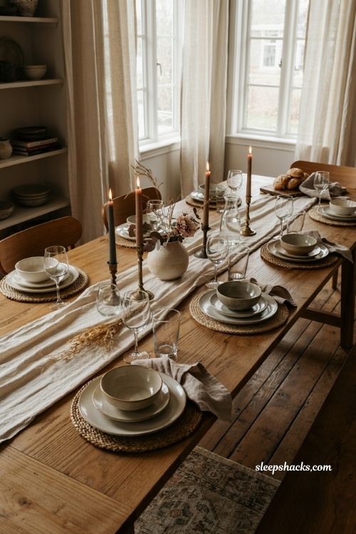 Fall dining table decor with soft neutral wheat linen tones rustic glass bottles and florals 