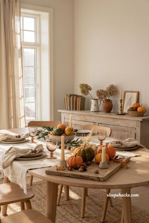 Fall dining table decor with tiered tray pumpkins acorns candles and cozy sideboard 