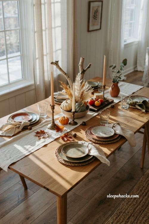 Fall dining table decor with warm autumn colors natural textures and simple seasonal centerpiece 