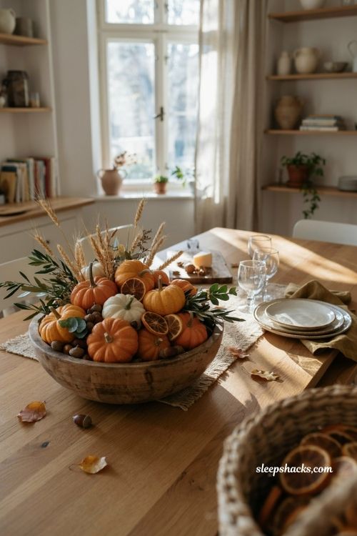 Fall dining table decor with wooden dough bowl pumpkins dried oranges greenery and acorns 