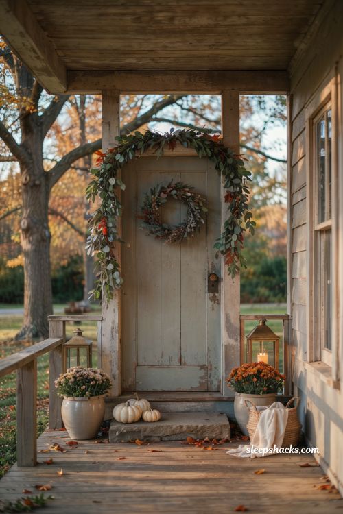 Fall door frame garland with eucalyptus leaves wreath and cozy porch decor