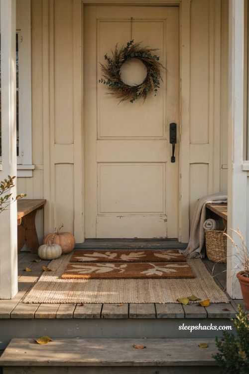 Fall doormat and layered entry rug with rust cream leaf pattern pumpkins and cozy farmhouse front porch decor 