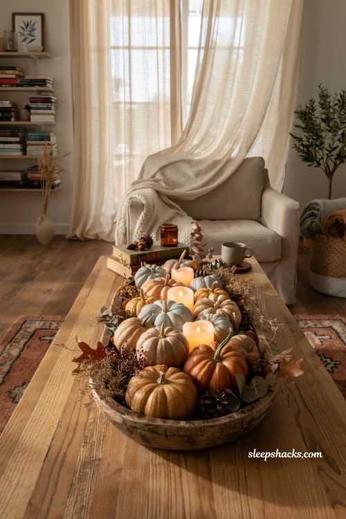 Fall dough bowl centerpiece with pumpkins berries and cozy autumn textures