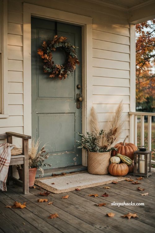 Fall entryway decor with pumpkins wreath dried flowers and cozy farmhouse porch accents