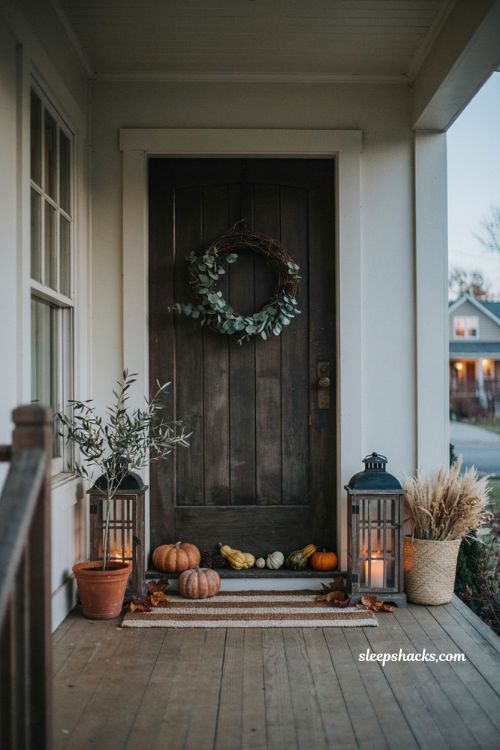 Fall entryway lantern decor with warm candlelight pumpkins dried leaves and rustic porch accents