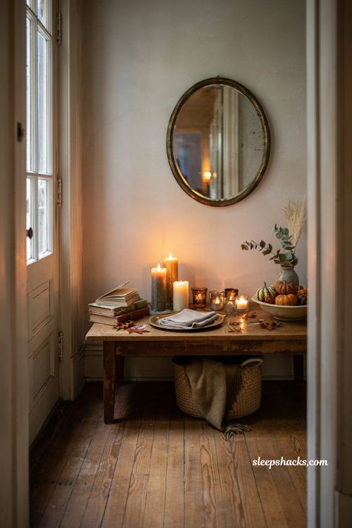 Fall entryway table decor with layered candles pumpkins and warm autumn glow