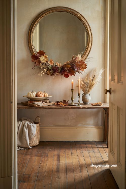 Fall entryway table decor with wreath above mirror pumpkins candles and dried leaves