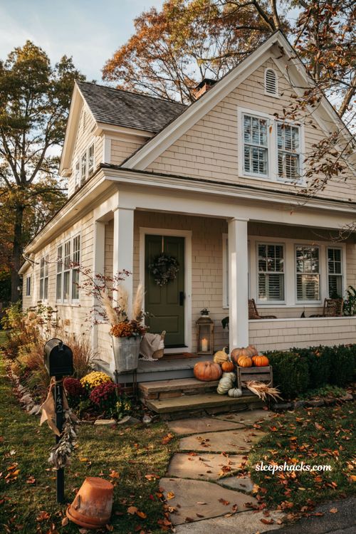 Fall exterior decor ideas with pumpkins porch wreath walkway and welcoming front door