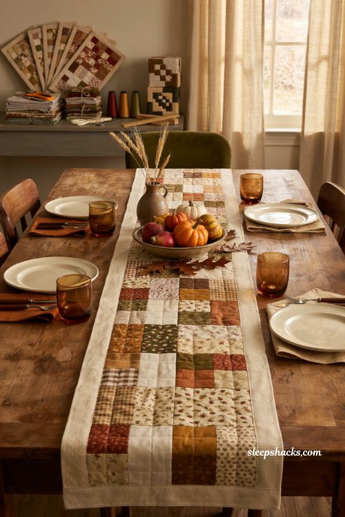 Fall festival patchwork table runner with five inch charm squares autumn quilt blocks farmhouse dining table