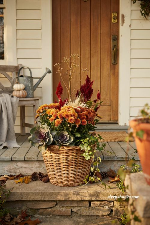 Fall flower pot in wicker basket with layered warm blooms for front porch
