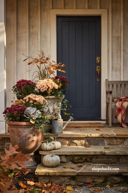 Fall flower pots for front porches with mums and elegant seasonal planters