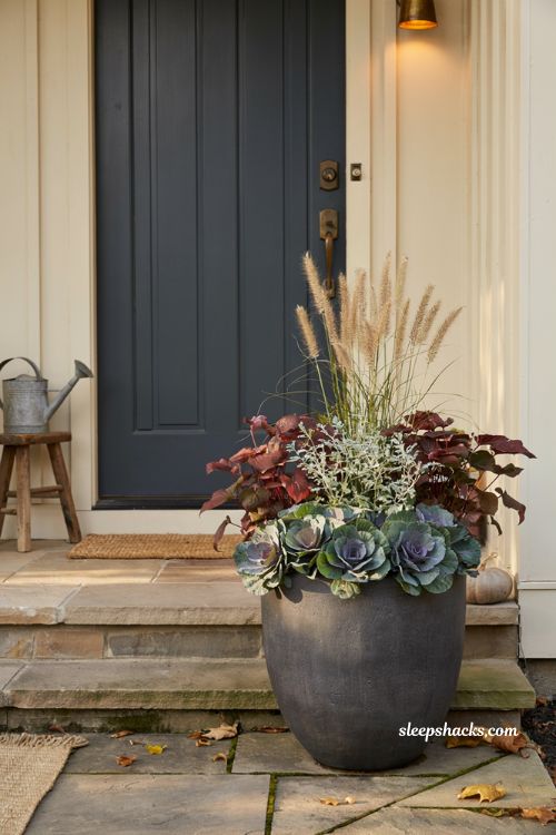 Fall foliage planter for front porch with coral bells kale and ornamental millet