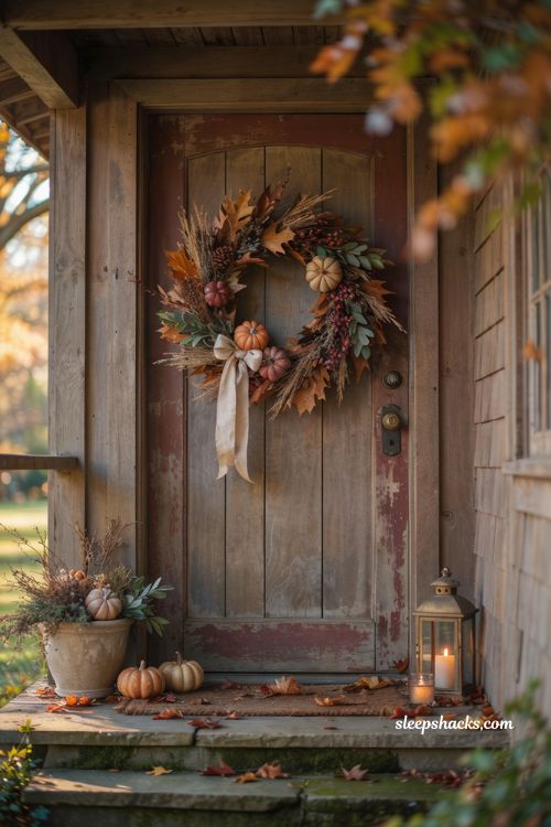 Fall front door wreath with pumpkins dried leaves berries and pinecones