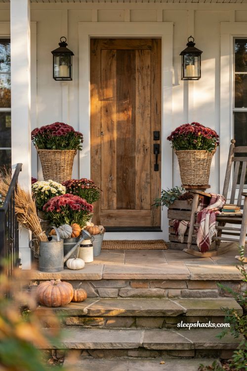 Fall front porch decor ideas with bushel baskets mums and cozy farmhouse entry