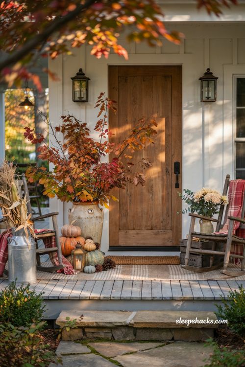 Fall front porch decor ideas with colorful autumn branches in a rustic vase