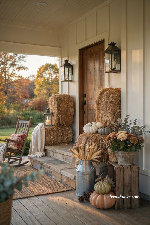 Fall front porch decor ideas with hay bales pumpkins and cozy farmhouse style