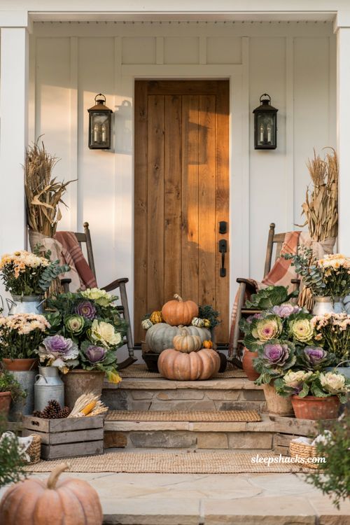 Fall front porch decor ideas with ornamental kale cabbage and farmhouse pumpkins