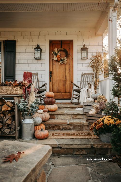Fall front porch decor ideas with pumpkins cornstalks mums and cozy farmhouse style