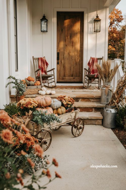 Fall front porch decor ideas with rustic wagon pumpkins mums and farmhouse charm