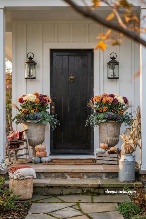 Fall front porch planter ideas with mums urns pumpkins and farmhouse style